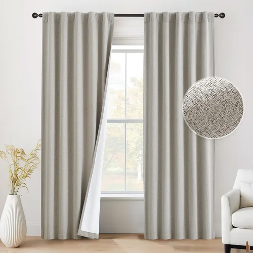 Beauoop Cortinas de lino 100% opacas de 84 pulgadas de largo, 2 paneles para dormitorio, sala de estar, gris pardo con parte trasera blanca,