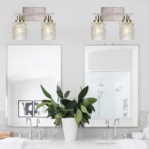 Vista 5 de MELUCEE Aplique de pared de 2 luces con pantalla de vidrio martillado, luces de baño de níquel cepillado sobre el espejo, accesorios de iluminación