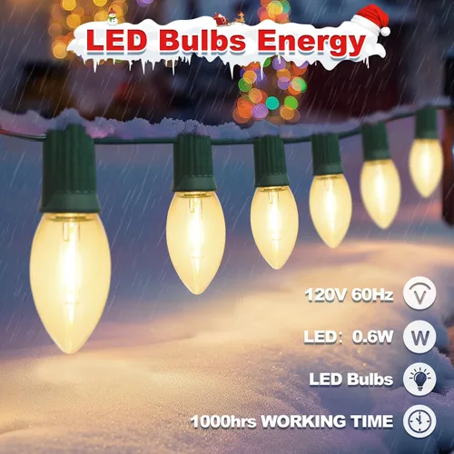 Vista 8 de USOKYO 20 bombillas LED C9 de 30 pies, luces LED de Navidad para exteriores, bombillas LED blancas cálidas, impermeables, conectables, luces