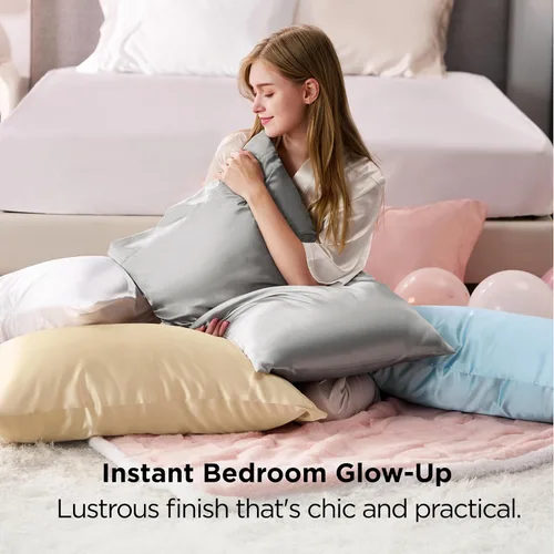 Vista 26 de Bedsure - Juego de fundas de almohada de satén tamaño king, 2 unidades - Fundas de almohada gris plateado para cabello y piel con cierre de sobre