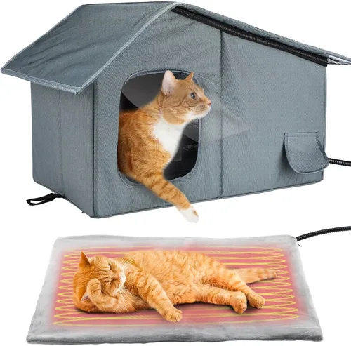 Vista 9 de Casas para gatos resistentes a la intemperie y con calefacción para gatos al aire libre - Refugio para gatos aislado para invierno con almohadilla