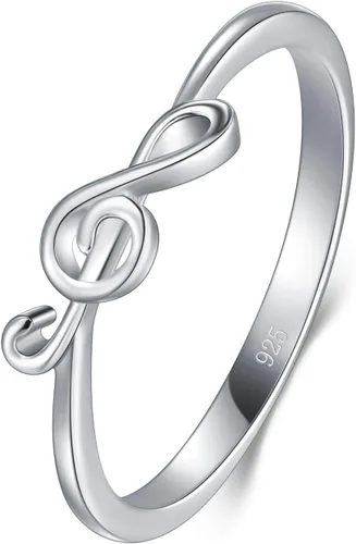 BORUO Anillo de plata de ley 925 Banda apilable para notas musicales Anillos de plata de ajuste cómodo para mujer Anillo de plata de nota musical