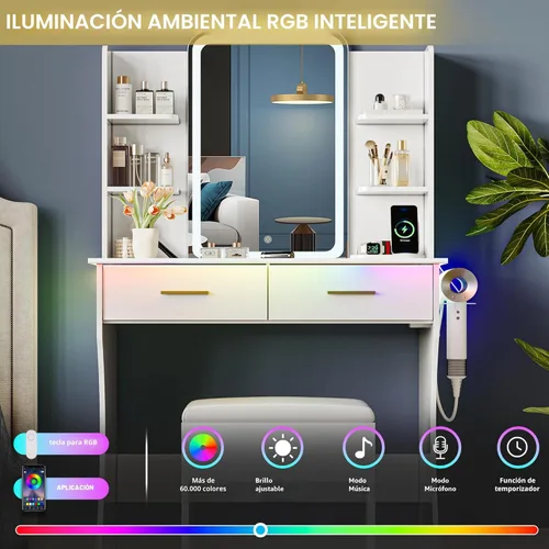 Vista 3 de Mesa de tocador con espejo de luces LED y toma de corriente, juego pequeño de mesa de maquillaje con cajones de almacenamiento y silla, 3 modos