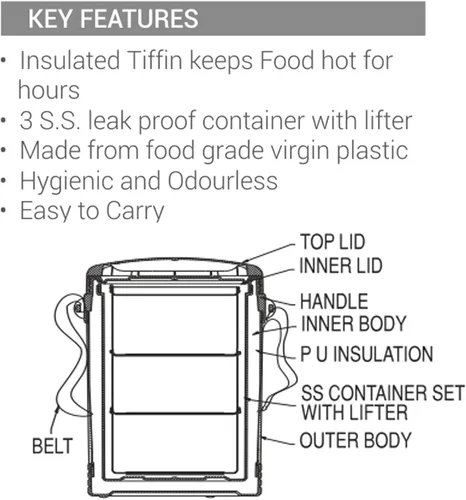 Vista 5 de MILTON Fiambrera para oficina Econa Delux 3 contenedores Hot Tiffin (azul)