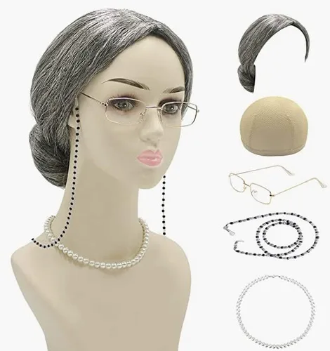 5 Pieces Old Lady Costume for Kids - 100th Day of School Grandma Costume for Kids Girls, Cosplay Set Granny Wig, Glasses with Chain, Wig Cap