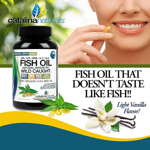 Vista 2 de Aceite de pescado antártico salvaje con aceite de semilla de lino orgánico - Omega 3-6-9 ultra puro con EPA-DHA-DPA-GLA-ALA, sabor vainilla claro