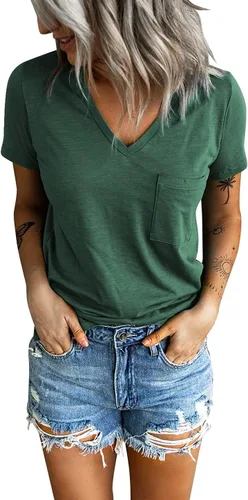 Sunborui Camiseta de verano de manga corta con cuello en V para mujer, con bolsillo, color liso, holgada, casual