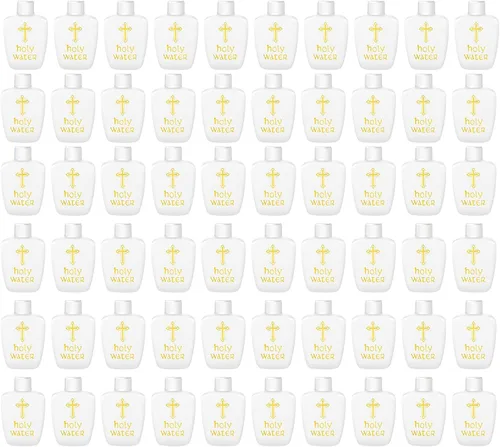 Vista 10 de 100 botellas de agua bendita de plástico de 2 onzas, recipientes vacíos con cruz dorada para católicos, cristianos, Halloween, primera comunión
