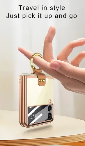 Vista 3 de SHIEID Z Flip 4 - Funda protectora delgada con soporte de anillo, borde galvanizado para Galaxy Z Flip 4, con protector de pantalla integrado