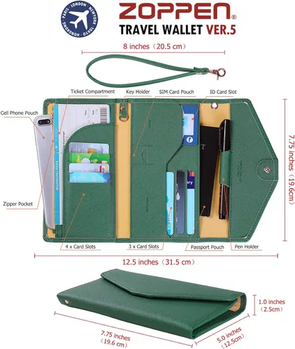 Vista 7 de Zoppen - Billetera y porta pasaporte y documentos de viaje Ver5 para mujer con bloqueo Rfid y correa para la muñeca