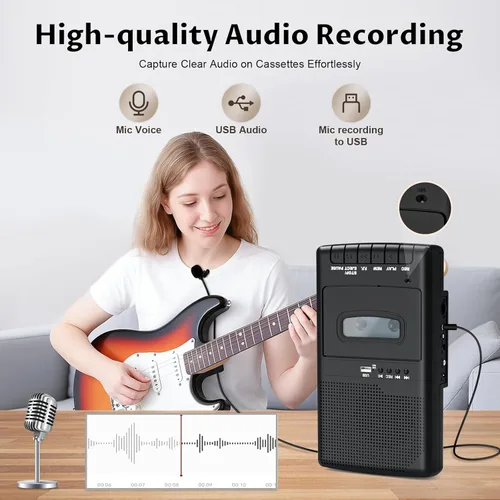 Vista 3 de Grabadora y convertidor de reproductor de cassette, grabación a USB/cinta desde micrófono, convierte cintas a WAV digital a través de una unidad