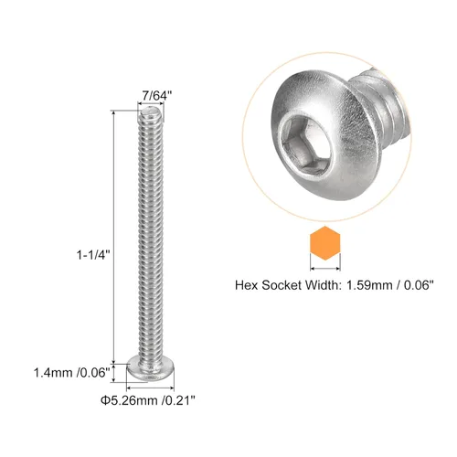 Vista 3 de uxcell #2-56x1 Tornillos con cabeza de botón y muesca hexagonal, 50 unidades de pernos hexagonales de acero inoxidable 304, tornillos allen de rosca