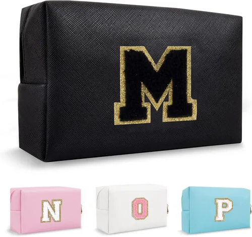 Biileen Bolsa de maquillaje personalizada con iniciales Preppy pequeña y linda de viaje, bolsa de chenilla con letras, Negro, M, Moda