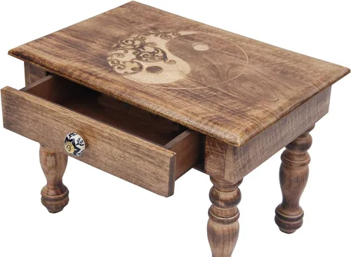 Vista 7 de DharmaObjects Mesa de meditación de altar de altar de oración tallada a mano de madera maciza de mango (Yin Yang) grande