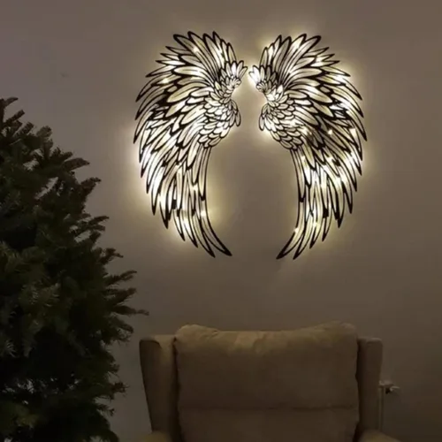 Decoración de pared de alas de ángel de metal, decoración de pared de metal con luces LED, alas de ángel regalo para ella, escultura de pared para