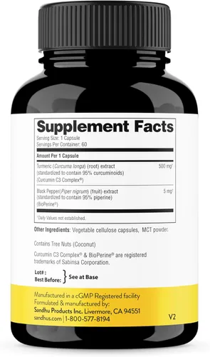 Vista 2 de Sandhu's Complejo de curcumina C3 con BioPerine 60 cápsulas Sin OMG Alta absorción de raíz de cúrcuma