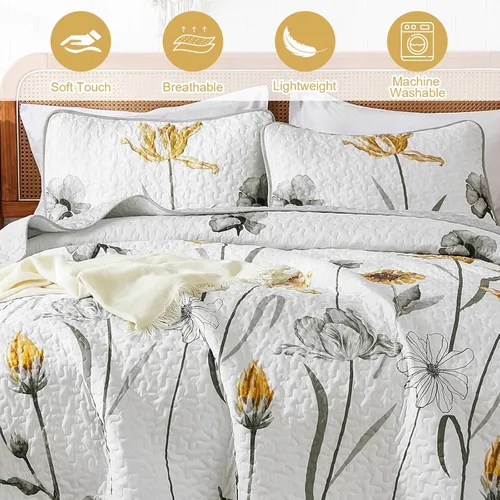 Vista 7 de WONGS BEDDING Juego de edredón floral tamaño King, juego de ropa de cama gris y amarillo con 2 fundas de almohada, juego de ropa de cama floral