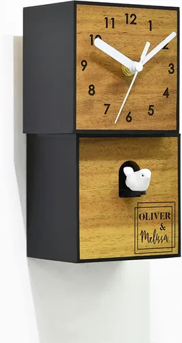 Modern Cuckoo Bird Clock - Solid Wood - Wooden Wall/Table Clock - Minimalist Wall Art - Contemporary Decor - City Two Story Square (Modern Frame)