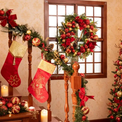 Vista 5 de Valery Madelyn Guirnalda de Navidad preiluminada de 9 pies con luces para manto, guirnalda de Navidad iluminada al aire libre con bolas de oro rojo