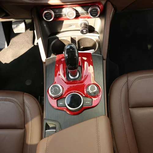 Vista 4 de Red Real 100% fibra de carbono para Alfa Romeo Giulia Stelvio 2017 2018 2019 Interior del coche consola central de cambio de engranajes cubierta