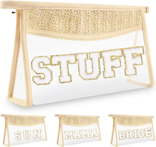 Vista 25 de izuzta Bolsa de maquillaje transparente boho para mujeres y niñas, Beige, Glam