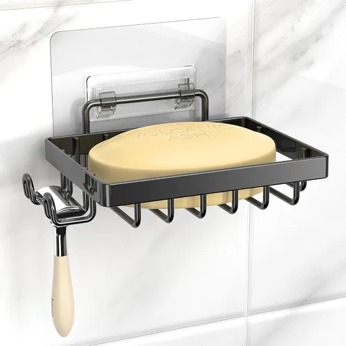 Vista 2 de Moforoco Jabonera negra, soporte para barra de jabón para ducha, accesorios de baño sin perforaciones, soporte de jabón montado en la pared