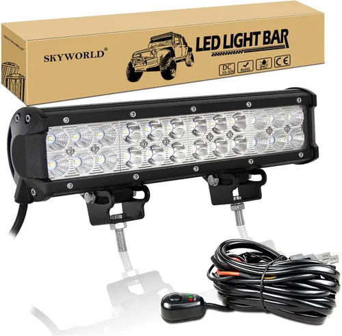 SKYWORLD Barra de luz LED de trabajo de 12 pulgadas, 72 W, haz combinado de luz de inundación, luces antiniebla para conducción todoterreno con kit