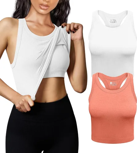 OYS Camiseta básica sin mangas con espalda cruzada para mujer, 2 piezas, acanalada, para entrenamiento