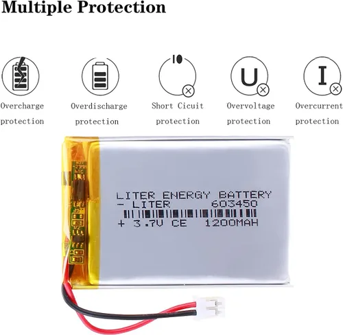 Vista 4 de Liter 3.7V 1200mAh 603450 Lipo Batería recargable de iones de polímero de litio con conector JST 0.079 in