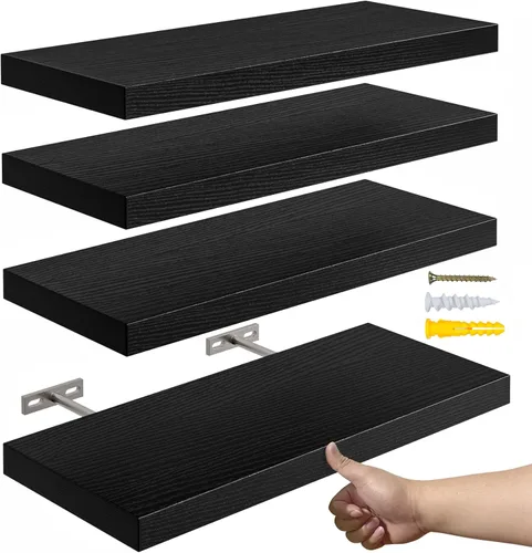 YUFLINX Juego de 4 estantes flotantes negros de 16 pulgadas para pared, estante de madera rústica para decoración de habitaciones, almacenamiento,