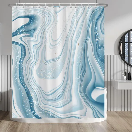 Vista 180 de Baocicco Cortina de ducha de mármol azul abstracto a rayas, decorativa, textura de lujo, línea moderna, decoración de acuarela, juego de cortinas