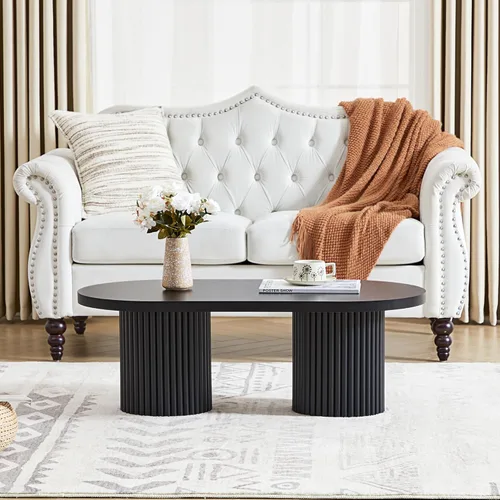 Vista 3 de Mesa de Centro Ovalada Acanalada, Mesa de Centro de Madera Estilo Granja Moderna de Mediados de Siglo, Mesa Central Boho para Sala de Estar y Negro