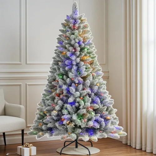 Árbol de Navidad artificial de 1.8 m con nieve esmerilada preiluminada, árbol de Navidad artificial con 250 luces LED que cambian de color cálido