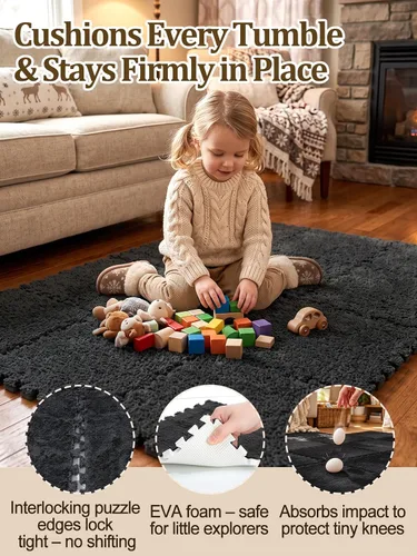 Vista 3 de 12 piezas de alfombrillas de espuma de felpa gruesa entrelazadas para el piso, azulejos de espuma entrelazados con bordes para niños, alfombra