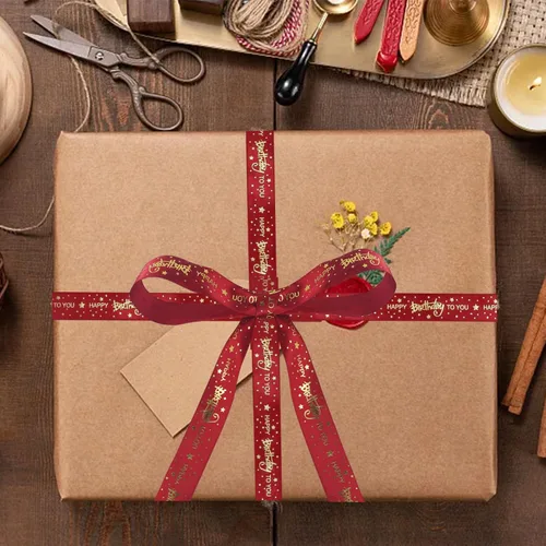 Vista 6 de Cinta de feliz cumpleaños de 1 pulgada, cintas de satén de cumpleaños rojas con estampado dorado para decoración de cumpleaños, envoltura