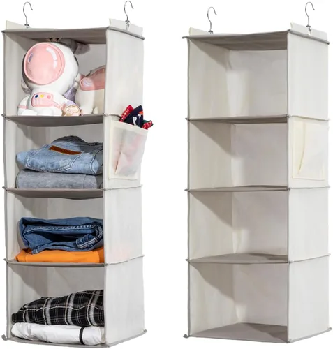 Vista 10 de 4-Shelf Hanging Closet Organizer and Storage, Collapsible Hanging Shelves for Closet with 2 Side Pockets, Hanging Shoe Organizer to Saving Beige