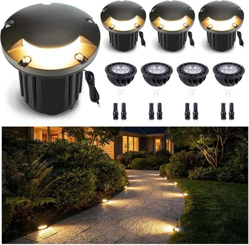 Vista 37 de Gardenreet Kit de luces de pozo de latón en el suelo (paquete de 4) con transformador de bajo voltaje de 75 W y bombilla MR16 y cable y conectores