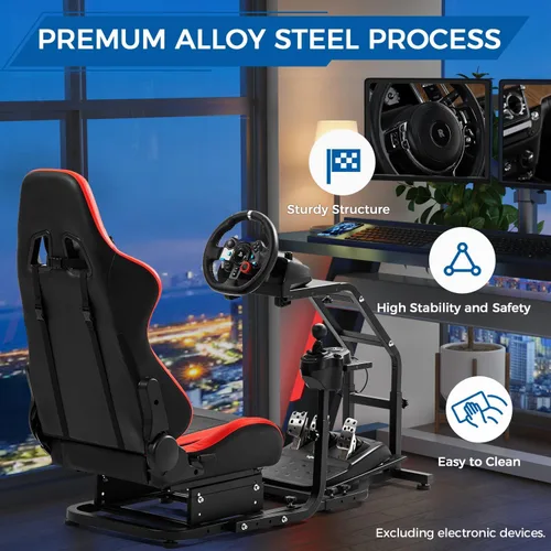 Vista 3 de Hottoby Adjustable Sim Driving Simulator Cockpit with Red Seat Fits for LogitechThrustmaster G29,G920,G923&T300RS,Unobstructed Design for Both Legs