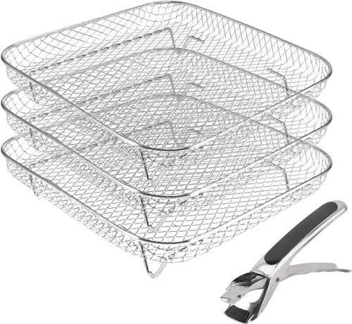 Vista 9 de Estante cuadrado para freidora de aire de 8 pulgadas, 3 capas de acero inoxidable apilable con clip antiescaldado, accesorios de acero inoxidable