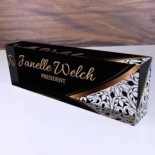 Vista 11 de Artblox - Placa de nombre personalizada para escritorio Diseño de flores de violetas sobre cristal acrílico transparente Placa de nombre