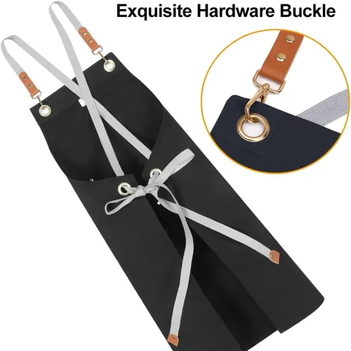 Vista 2 de Cross Back Apron for Women Men with Large Pockets Chef Apron for Cooking Canvas Waterproof Kitchen Aprons, M-XXL