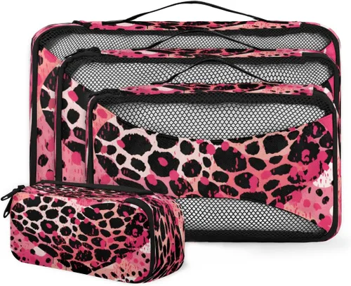 Leopard Print Love Packing Cubes 4 Pack Travel Packing Bags Set Lightweight Mesh Travel Luggage Organizer Clothes Carry on Suitcase Bags for