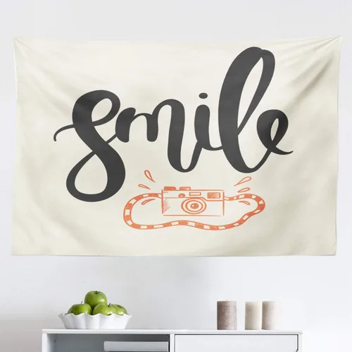 Vista 3 de Lunarable Smile Tapestry, Cursive Calligraphy with Retro Camera Photography Themed, Fabric Wall Hanging Decor for Bedroom Living Room Dorm, 28" X