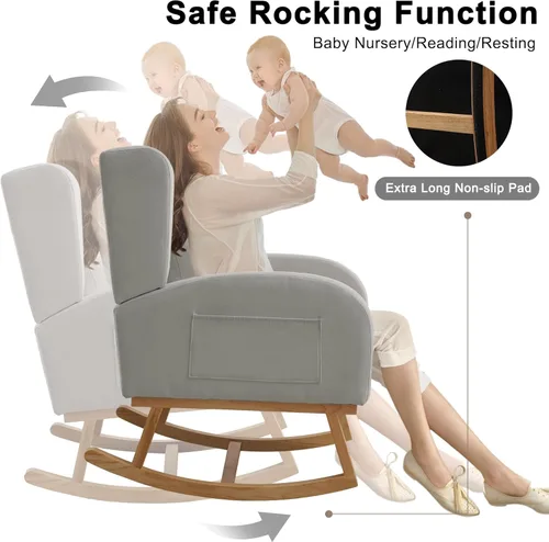 Vista 3 de Mecedoras para guardería, mecedoras tapizadas, mecedoras deslizantes para sala de estar, dormitorio, cómoda silla mecedora de lino con respaldo