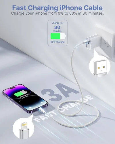 Vista 3 de Cargador de iPhone [certificado Apple MFi] Cable de carga rápida USB a Lightning de 6 pies, cable USB trenzado para teléfono compatible con iPhone