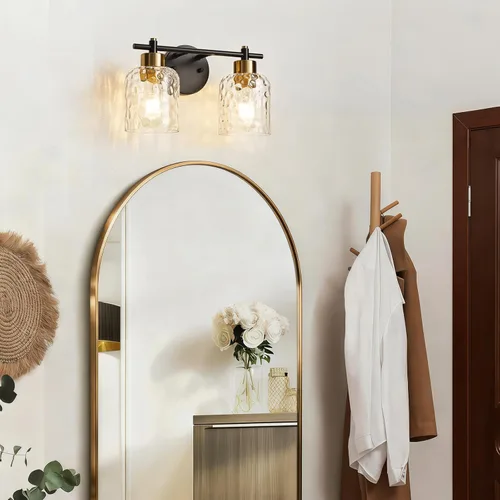 Vista 7 de Accesorios de iluminación de baño de 2 luces negro y dorado, iluminación de tocador de granja sobre espejo con vidrio martillado, luces de tocador