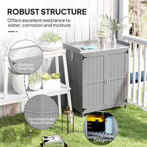 Vista 6 de Outsunny Armario de almacenamiento al aire libre, cobertizo de herramientas de jardín con mesa y estante de metal, banco de madera para macetas