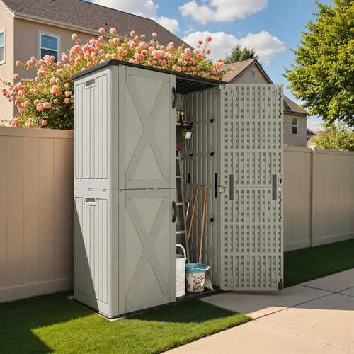 Vista 2 de Devoko Gabinete de almacenamiento al aire libre de 50 pies cúbicos - Cobertizo de almacenamiento vertical de resina - Para guardar muebles de patio