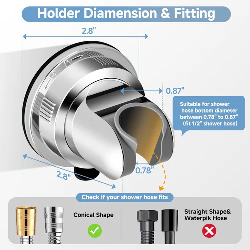 Vista 2 de Soporte de cabezal de ducha de succión, soporte de ducha de mano extraíble para montaje en pared, ventosa cromada ajustable sin taladro, inclinación
