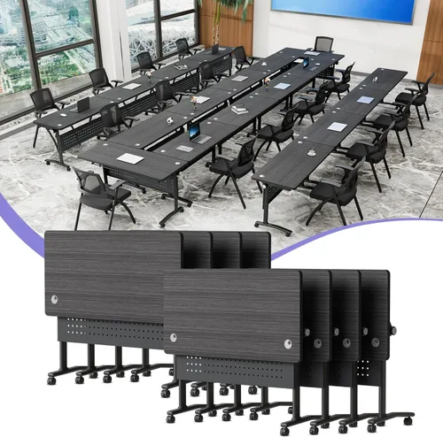 Vista 43 de Mesa de conferencias plegable con ruedas, mesa modular para sala de conferencias con 2 ojales para cables, mesas móviles de sala de reuniones